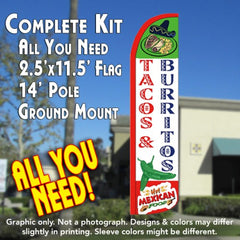 Tacos & Burritos  Windless Advertising Feather Flag Kit  (Flag, Pole, & Ground Spike) 14 Feet Outdoor Flags