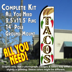 Tacos (White/Yellow)  Windless Advertising Feather Flag Kit  (Flag, Pole, & Ground Spike) 14 Feet Outdoor Flags