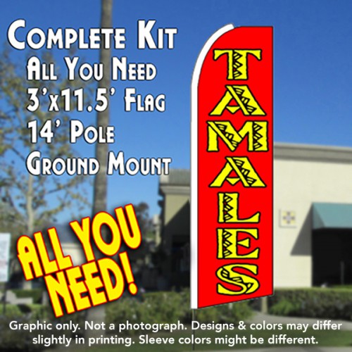 Tamales (Red)  Windless Advertising Feather Flag Kit  (Flag, Pole, & Ground Spike) 14 Feet Outdoor Flags