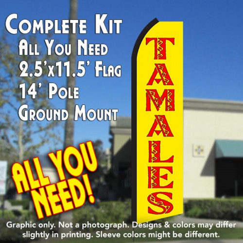 Tamales (Yellow/Red)  Windless Advertising Feather Flag Kit  (Flag, Pole, & Ground Spike) 14 Feet Outdoor Flags