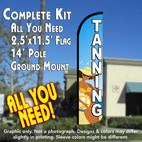 Tanning (Blue/White)  Windless Advertising Feather Flag Kit  (Flag, Pole, & Ground Spike) 14 Feet Outdoor Flags
