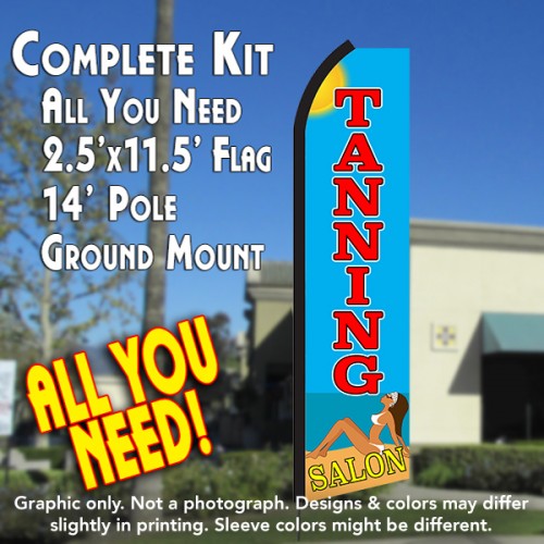 Tanning Salon (Sun)  Windless Advertising Feather Flag Kit  (Flag, Pole, & Ground Spike) 14 Feet Outdoor Flags