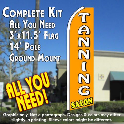 Tanning Salon (Orange)  Windless Advertising Feather Flag Kit  (Flag, Pole, & Ground Spike) 14 Feet Outdoor Flags