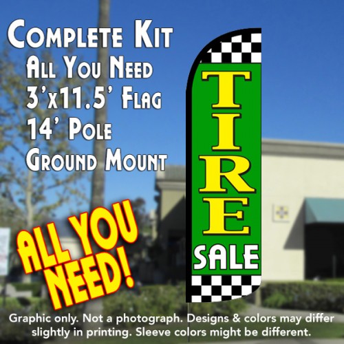 Tire Sale (Lime/Checkered)  Windless Advertising Feather Flag Kit  (Flag, Pole, & Ground Spike) 14 Feet Outdoor Flags