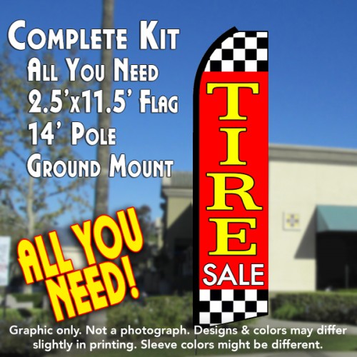 Tire Sale (Red/Checkered)  Windless Advertising Feather Flag Kit  (Flag, Pole, & Ground Spike) 14 Feet Outdoor Flags