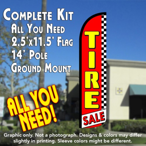 Tire Sale (Red/Checkered)  Windless Advertising Feather Flag Kit  (Flag, Pole, & Ground Spike) 14 Feet Outdoor Flags