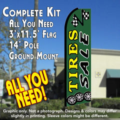 Tires Sale (Green)  Windless Advertising Feather Flag Kit  (Flag, Pole, & Ground Spike) 14 Feet Outdoor Flags