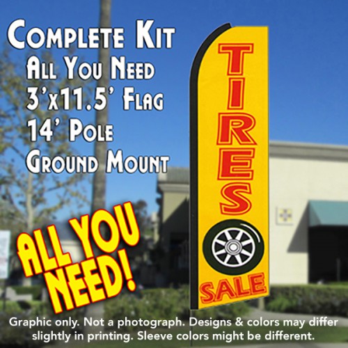 Tires Sale (Yellow)  Windless Advertising Feather Flag Kit  (Flag, Pole, & Ground Spike) 14 Feet Outdoor Flags