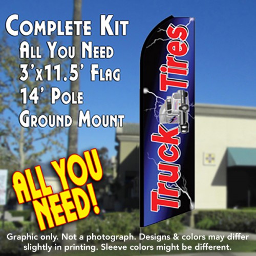 Truck Tires (Blue)  Windless Advertising Feather Flag Kit  (Flag, Pole, & Ground Spike) 14 Feet Outdoor Flags