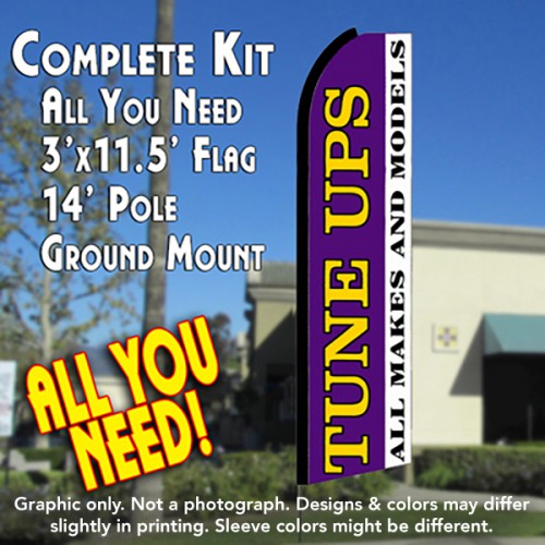Tune Ups All Makes And Models (Purple/White)  Windless Advertising Feather Flag Kit  (Flag, Pole, & Ground Spike) 14 Feet Outdoor Flags