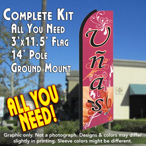 Uñas (Nails)  Windless Advertising Feather Flag Kit  (Flag, Pole, & Ground Spike) 14 Feet Outdoor Flags
