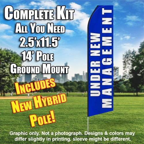 Under New Management (Blue/White)  Windless Advertising Feather Flag Kit  (Flag, Pole, & Ground Spike) 14 Feet Outdoor Flags