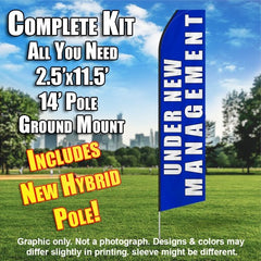 Under New Management (Blue/White)  Windless Advertising Feather Flag Kit  (Flag, Pole, & Ground Spike) 14 Feet Outdoor Flags