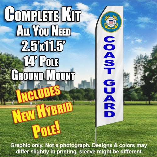 U.S. Coast Guard Flutter Feather White With Blue Lettering  Windless Advertising Feather Flag Kit  (Flag, Pole, & Ground Spike) 14 Feet Outdoor Flags