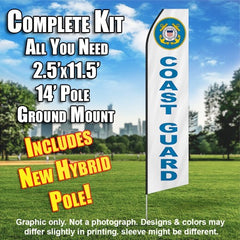 U.S. Coast Guard  White With Light Blue Lettering  Windless Advertising Feather Flag Kit  (Flag, Pole, & Ground Spike) 14 Feet Outdoor Flags