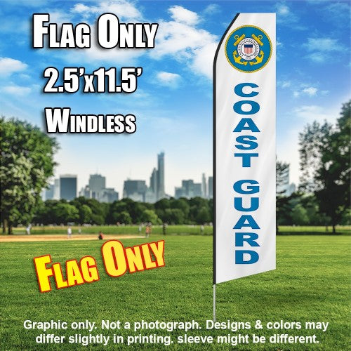 U.S. Coast Guard Feather White With Light Blue Lettering  Windless Advertising Feather Flag Only