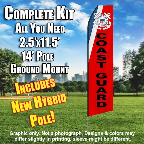 U.S. Coast Guard  (Red, White And Blue Black Lettering)  Windless Advertising Feather Flag Kit  (Flag, Pole, & Ground Spike) 14 Feet Outdoor Flags