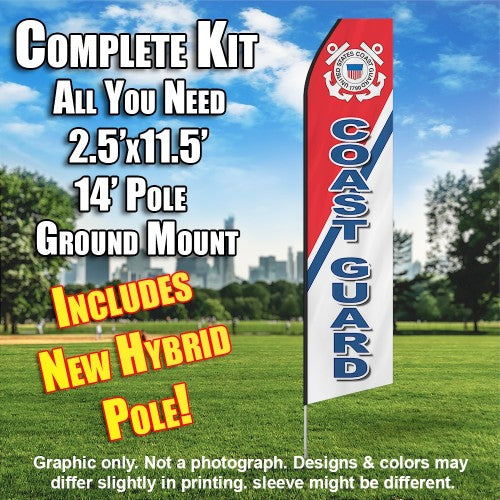 U.S. Coast Guard  (Red, Blue And White)  Windless Advertising Feather Flag Kit  (Flag, Pole, & Ground Spike) 14 Feet Outdoor Flags