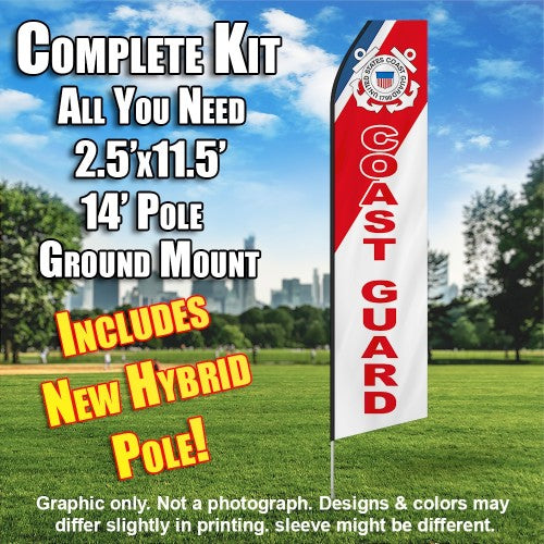 U.S. Coast Guard  (Blue, Red And White With Red Lettering)  Windless Advertising Feather Flag Kit  (Flag, Pole, & Ground Spike) 14 Feet Outdoor Flags