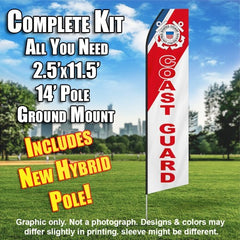 U.S. Coast Guard  (Blue, Red And White With Red Lettering)  Windless Advertising Feather Flag Kit  (Flag, Pole, & Ground Spike) 14 Feet Outdoor Flags