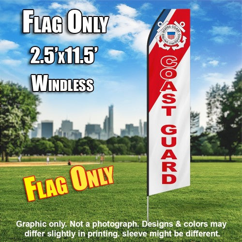 U.S. Coast Guard Feather Blue, Red And White With Red Lettering  Windless Advertising Feather Flag Only