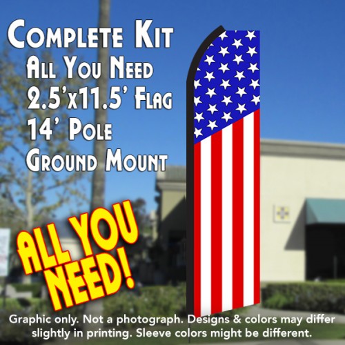 Usa American (Vertical Classic)  Windless Advertising Feather Flag Kit  (Flag, Pole, & Ground Spike) 14 Feet Outdoor Flags