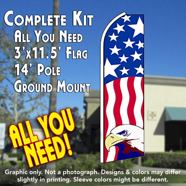 Usa Patriotic (Eagle)  Windless Advertising Feather Flag Kit  (Flag, Pole, & Ground Spike) 14 Feet Outdoor Flags