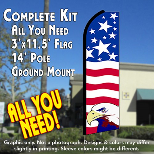 Usa Pride (Eagle)  Windless Advertising Feather Flag Kit  (Flag, Pole, & Ground Spike) 14 Feet Outdoor Flags