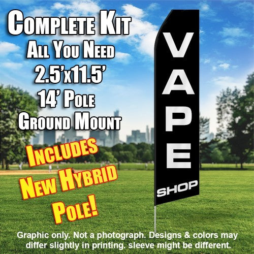 Vape Shop (Black)  Windless Advertising Feather Flag Kit  (Flag, Pole, & Ground Spike) 14 Feet Outdoor Flags