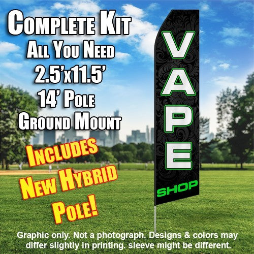 Vape Shop (Black/Green)  Windless Advertising Feather Flag Kit  (Flag, Pole, & Ground Spike) 14 Feet Outdoor Flags