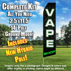 Vape Shop (Black/Green)  Windless Advertising Feather Flag Kit  (Flag, Pole, & Ground Spike) 14 Feet Outdoor Flags