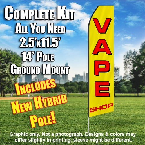 Vape Shop (Yellow/Red)  Windless Advertising Feather Flag Kit  (Flag, Pole, & Ground Spike) 14 Feet Outdoor Flags