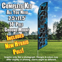 Vape Shop Black Letters With Blue Smoke  Windless Advertising Feather Flag Kit  (Flag, Pole, & Ground Spike) 14 Feet Outdoor Flags
