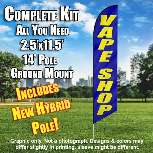 Vape Shop Blue/Yellow Letters  Windless Advertising Feather Flag Kit  (Flag, Pole, & Ground Spike) 14 Feet Outdoor Flags