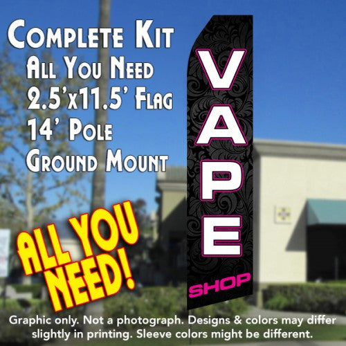 Vape Shop (Black/Pink)  Windless Advertising Feather Flag Kit  (Flag, Pole, & Ground Spike) 14 Feet Outdoor Flags