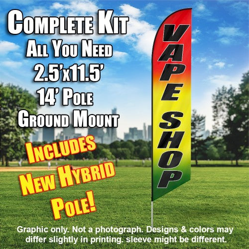 Vape Shop (Yellow/Green/Red)  Windless Advertising Feather Flag Kit  (Flag, Pole, & Ground Spike) 14 Feet Outdoor Flags