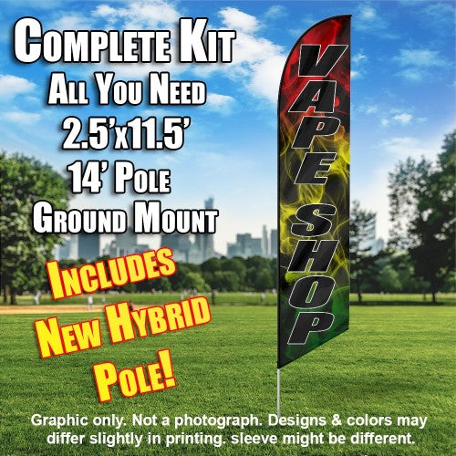 Vape Shop (Black/White Rasta Tri Color)  Windless Advertising Feather Flag Kit  (Flag, Pole, & Ground Spike) 14 Feet Outdoor Flags