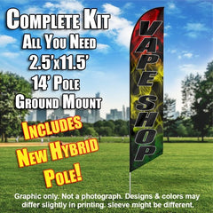 Vape Shop (Black/White Rasta Tri Color)  Windless Advertising Feather Flag Kit  (Flag, Pole, & Ground Spike) 14 Feet Outdoor Flags