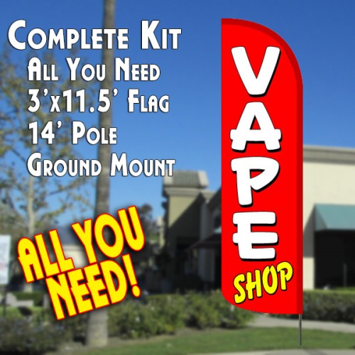 Vape Shop (Red/White)  Windless Advertising Feather Flag Kit  (Flag, Pole, & Ground Spike) 14 Feet Outdoor Flags