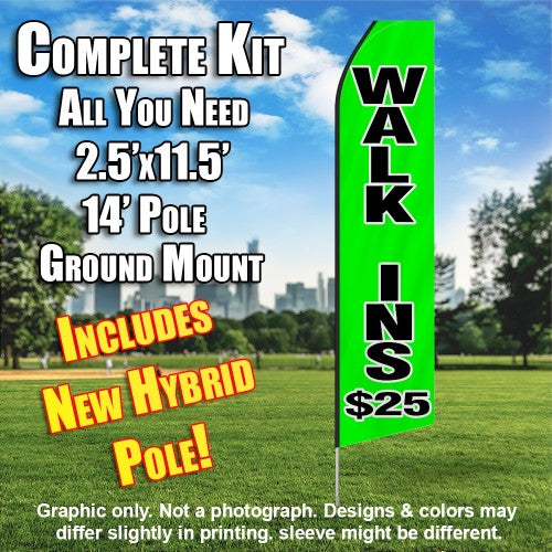 Walk-Ins (Green/Black)  Windless Advertising Feather Flag Kit  (Flag, Pole, & Ground Spike) 14 Feet Outdoor Flags