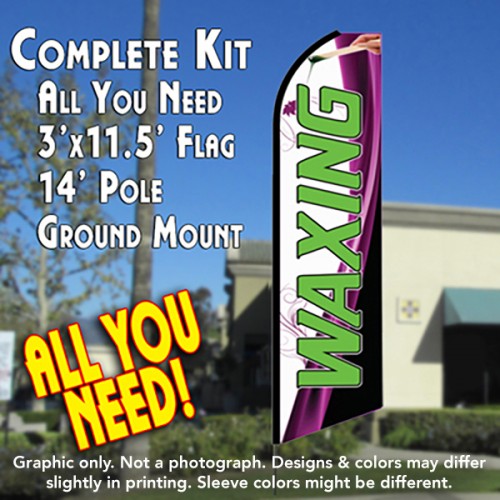 Waxing (White)  Windless Advertising Feather Flag Kit  (Flag, Pole, & Ground Spike) 14 Feet Outdoor Flags