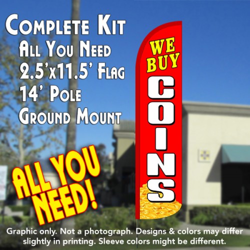 We Buy Coins (Red/White)  Windless Advertising Feather Flag Kit  (Flag, Pole, & Ground Spike) 14 Feet Outdoor Flags