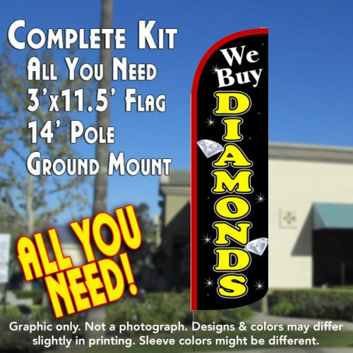 We Buy Diamonds (Black/Yellow)  Windless Advertising Feather Flag Kit  (Flag, Pole, & Ground Spike) 14 Feet Outdoor Flags