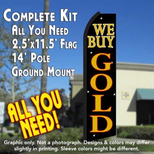 We Buy Gold (Black/Gold)  Windless Advertising Feather Flag Kit  (Flag, Pole, & Ground Spike) 14 Feet Outdoor Flags