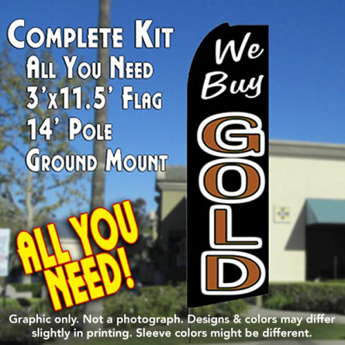 We Buy Gold (Black/Gold)  Windless Advertising Feather Flag Kit  (Flag, Pole, & Ground Spike) 14 Feet Outdoor Flags
