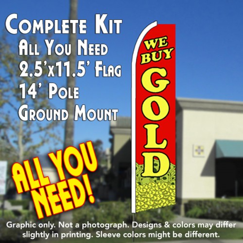 We Buy Gold (Coins)  Windless Advertising Feather Flag Kit  (Flag, Pole, & Ground Spike) 14 Feet Outdoor Flags