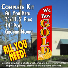 We Buy Gold (Red/Gold/Coins)  Windless Advertising Feather Flag Kit  (Flag, Pole, & Ground Spike) 14 Feet Outdoor Flags