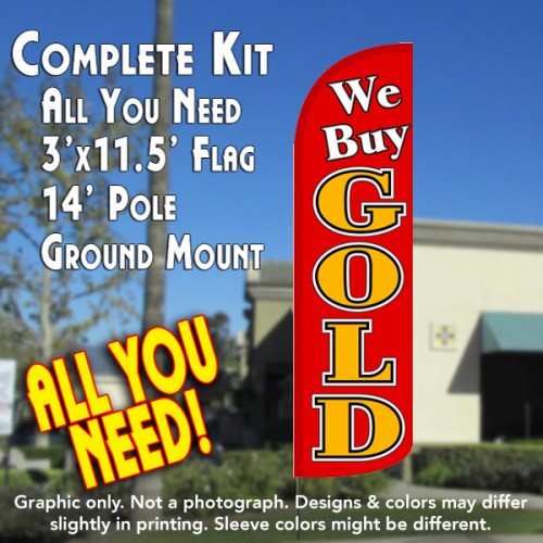We Buy Gold (Red)  Windless Advertising Feather Flag Kit  (Flag, Pole, & Ground Spike) 14 Feet Outdoor Flags