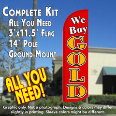 We Buy Gold (Red)  Windless Advertising Feather Flag Kit  (Flag, Pole, & Ground Spike) 14 Feet Outdoor Flags