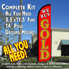 We Buy Gold (Red)  Windless Advertising Feather Flag Kit  (Flag, Pole, & Ground Spike) 14 Feet Outdoor Flags
